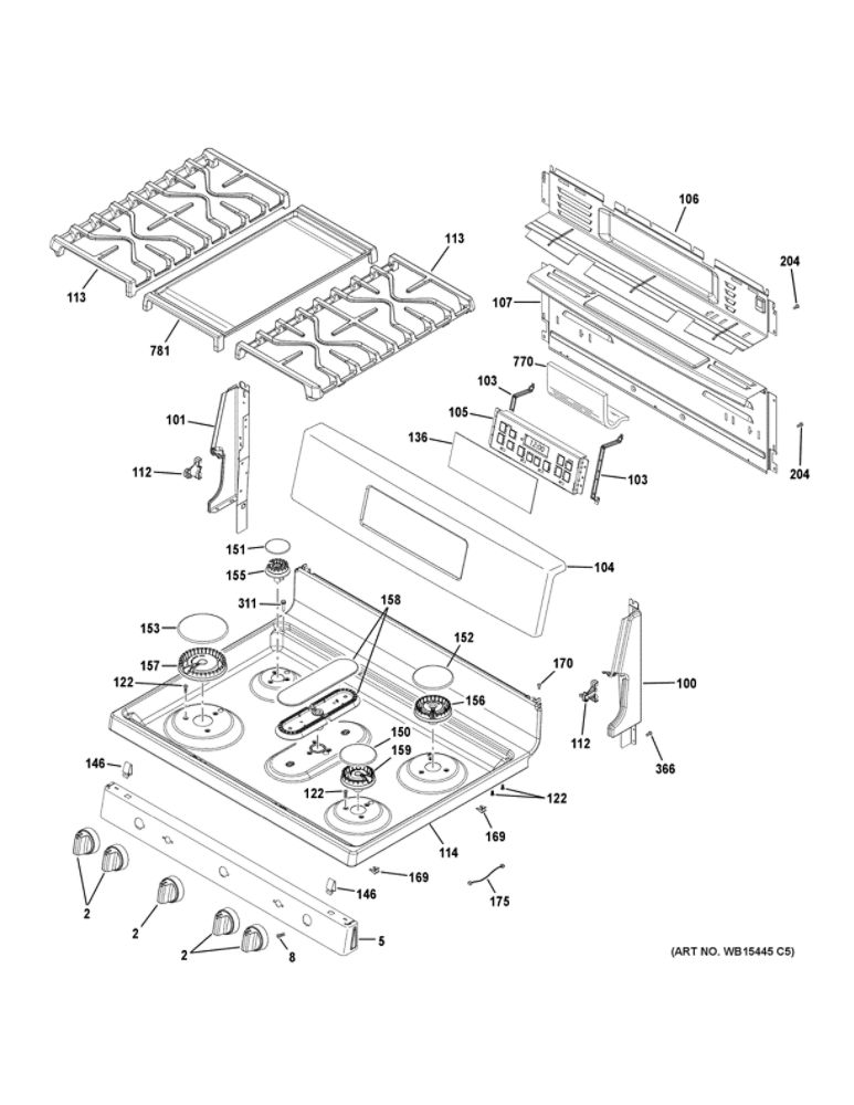 Control Panel And Cooktop Diagram and Parts List for JGB700DEJ3BB  General Electric Range