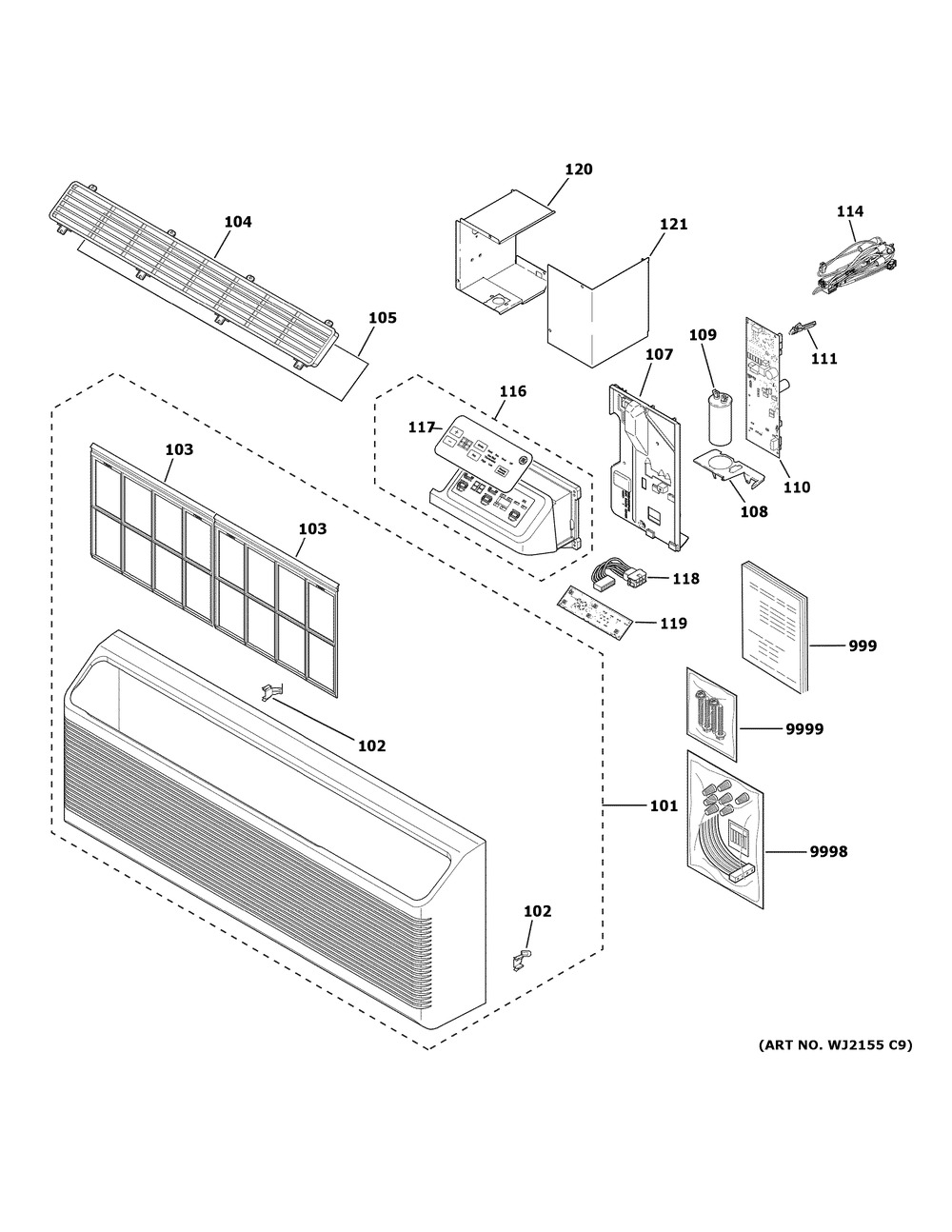 Grille & Control Parts Diagram and Parts List for AZ45E07EACW6  General Electric Air Conditioner