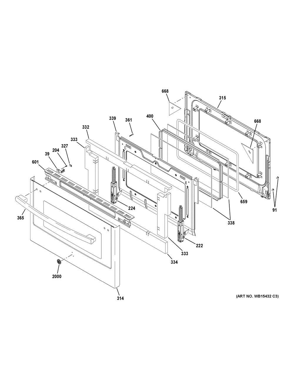 Lower Door Diagram and Parts List for PGB980ZEJ5SS  General Electric Range