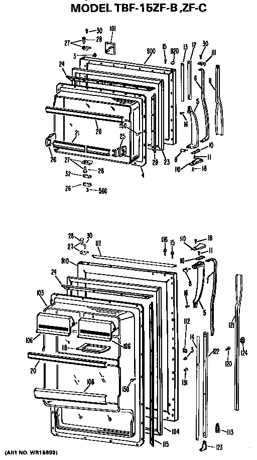 Doors Diagram and Parts List for TBF15ZFC  General Electric Refrigerator