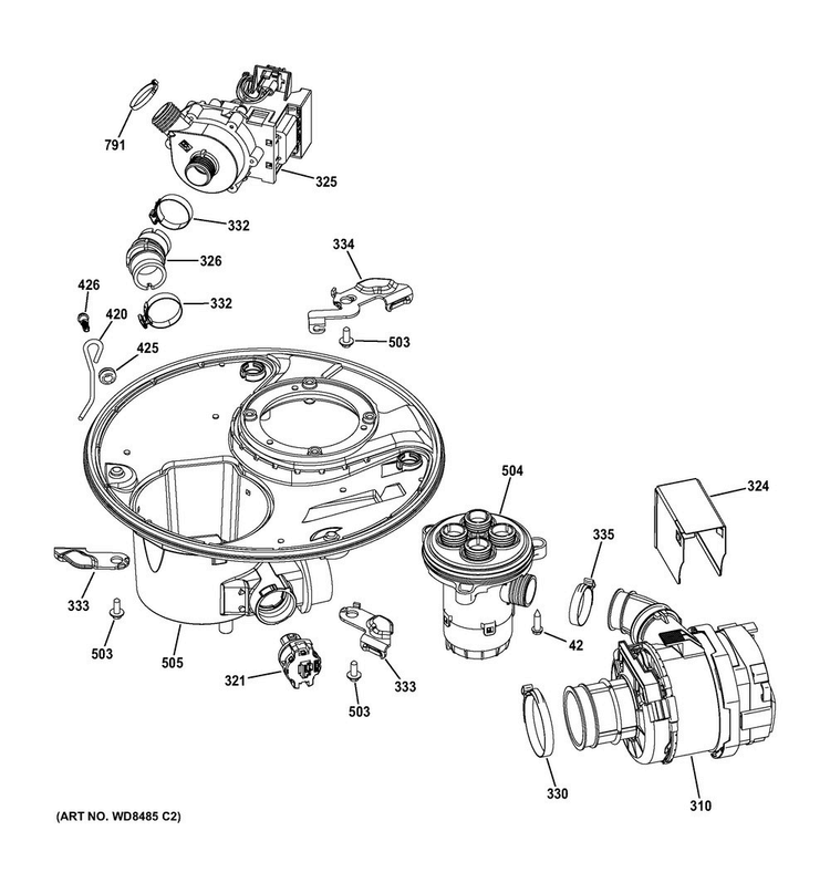 Sump & Motor Mechanism Diagram and Parts List for PDT760SIJ7II  General Electric Dishwasher