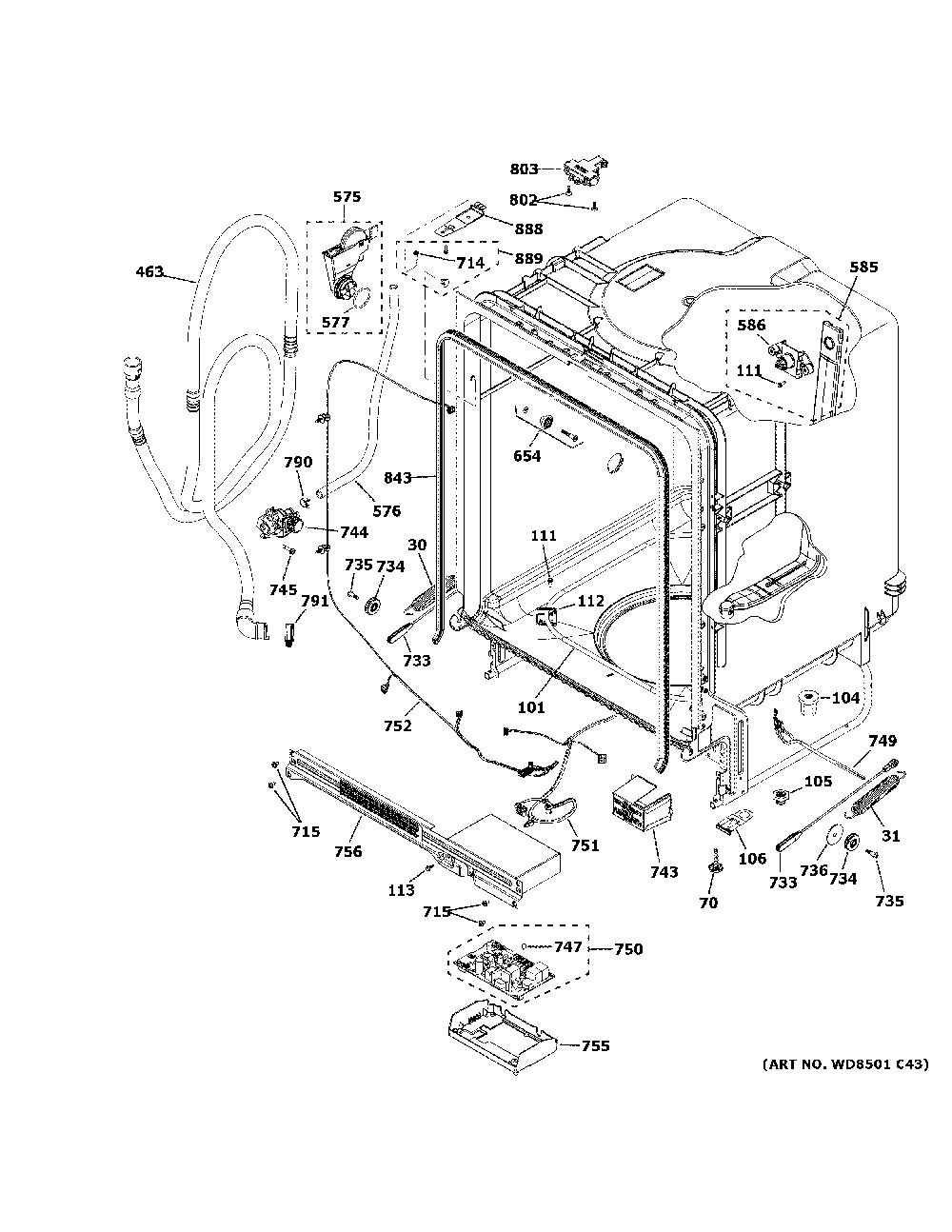 Body Parts Diagram and Parts List for GDF450PSR1SS  General Electric Dishwasher