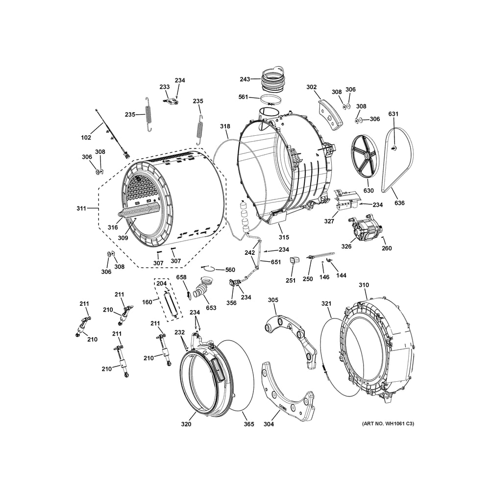 Tub & Motor Diagram and Parts List for PFQ83HSSW1WW  General Electric Washer Dryer Combo