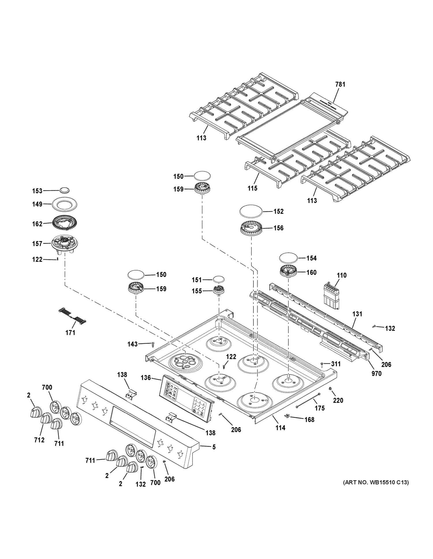 CONTROL PANEL & COOKTOP Diagram and Parts List for C2S986SEL1SS  General Electric Range