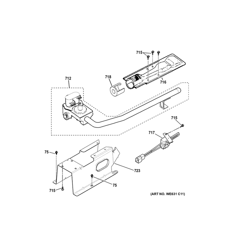 Gas Valve & Burner Assembly Diagram and Parts List for GTX60GBSJ0WS  General Electric Dryer