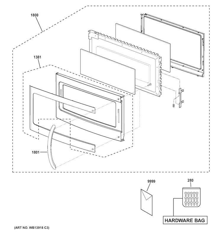 Door Parts Diagram and Parts List for JVM3150SF1SS  General Electric Microwave