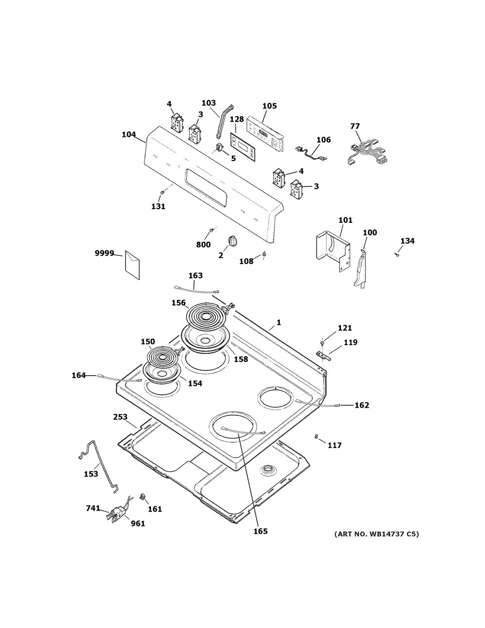 Control Panel And Cooktop Diagram and Parts List for RBS360DM2WW  General Electric Range