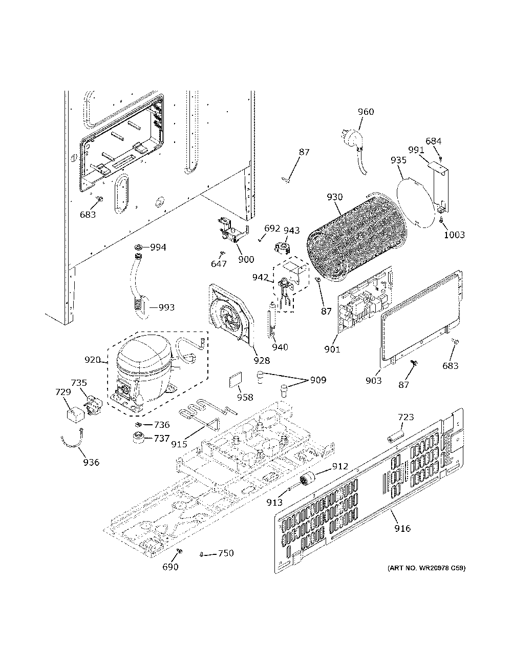 Machine Compartment Diagram and Parts List for GFD28GELLDS  General Electric Refrigerator