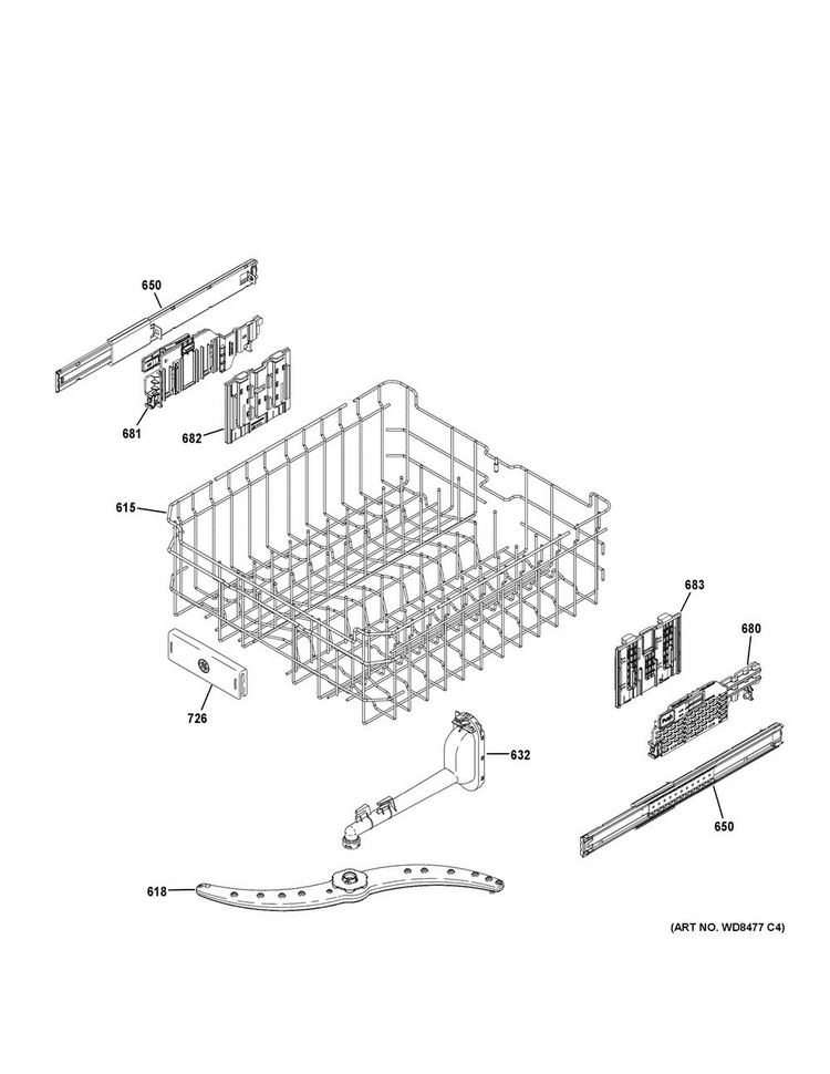 Upper Rack Assembly Diagram and Parts List for GDT590SSJ7SS  General Electric Dishwasher