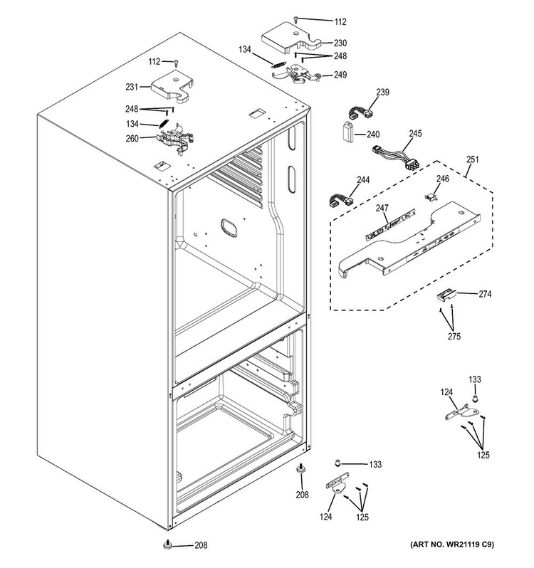 Case Parts Diagram and Parts List for CNE25SSKAKSS  General Electric Refrigerator