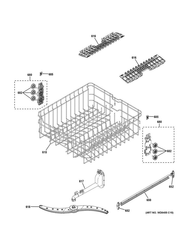 Upper Rack Assembly Diagram and Parts List for GDT550HSD6SS  General Electric Dishwasher