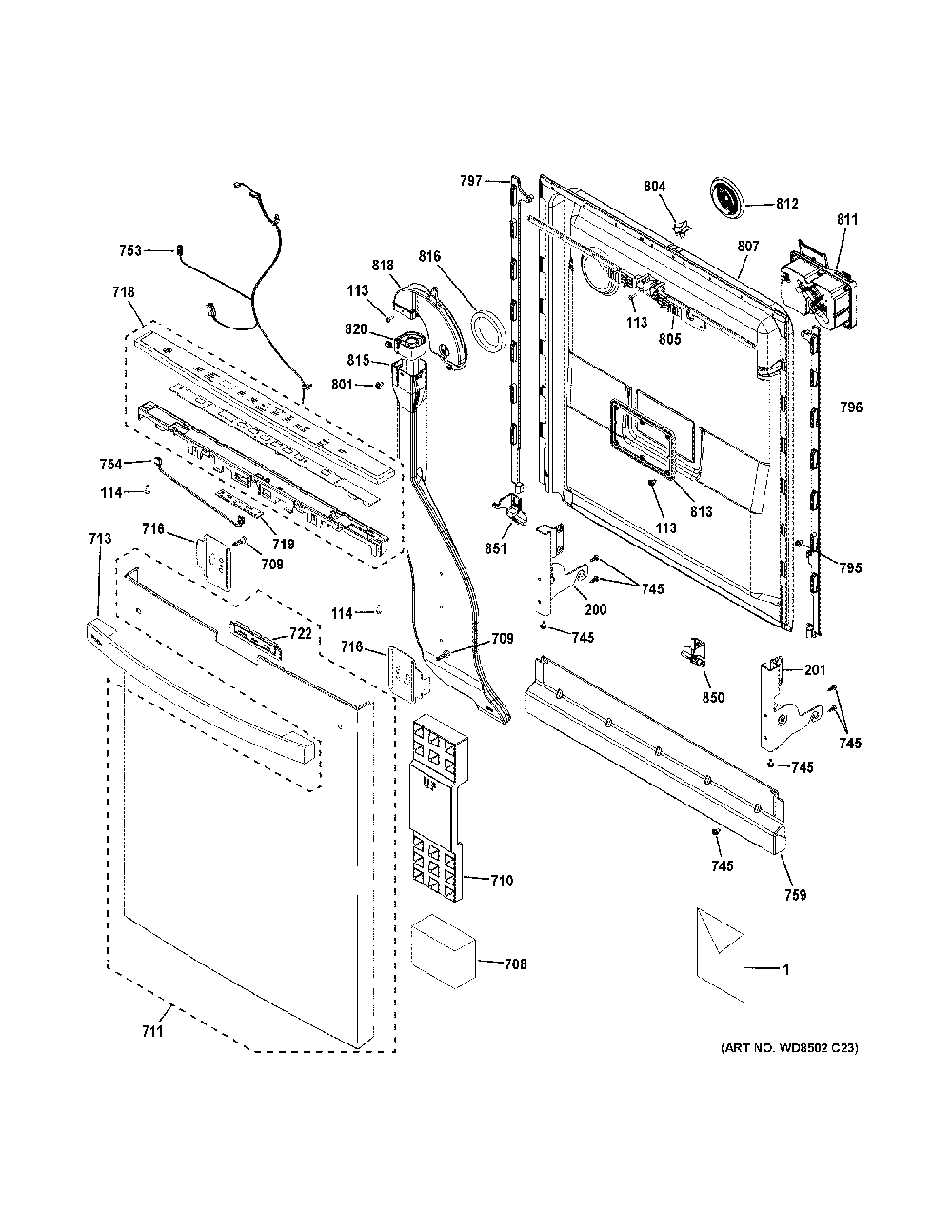Escutcheon And Door Assembly Diagram and Parts List for PDT755SYR8FS  General Electric Dishwasher