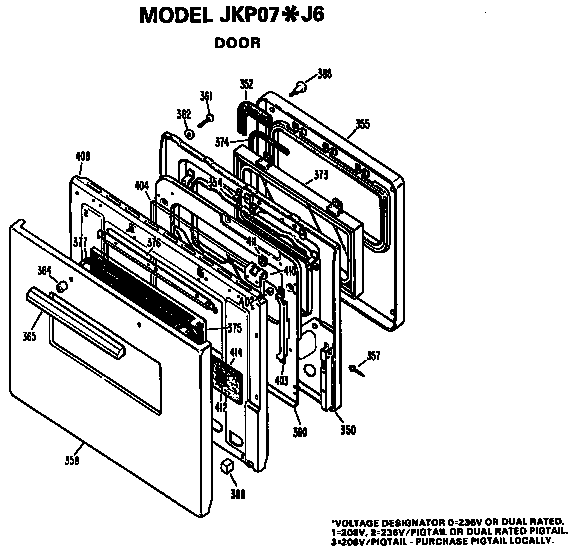Door Diagram and Parts List for JKP07J6  General Electric Wall Oven