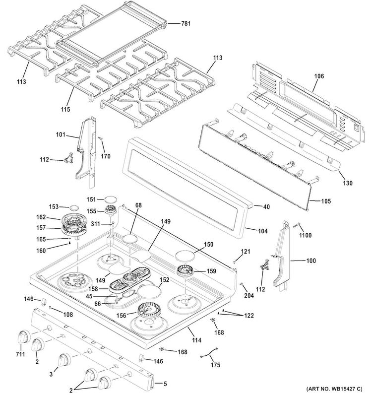 Control Panel & Cooktop Diagram and Parts List for PGB980ZEJ1SS  General Electric Range