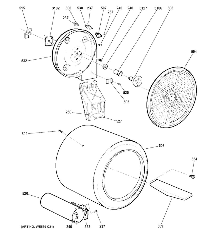 Drum Diagram and Parts List for GTDP200GF3WS  General Electric Dryer