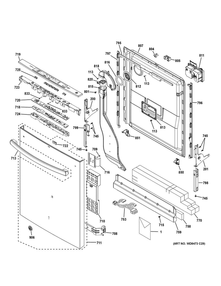 Escutcheon & Door Assembly Diagram and Parts List for GDT590SGJ7BB  General Electric Dishwasher