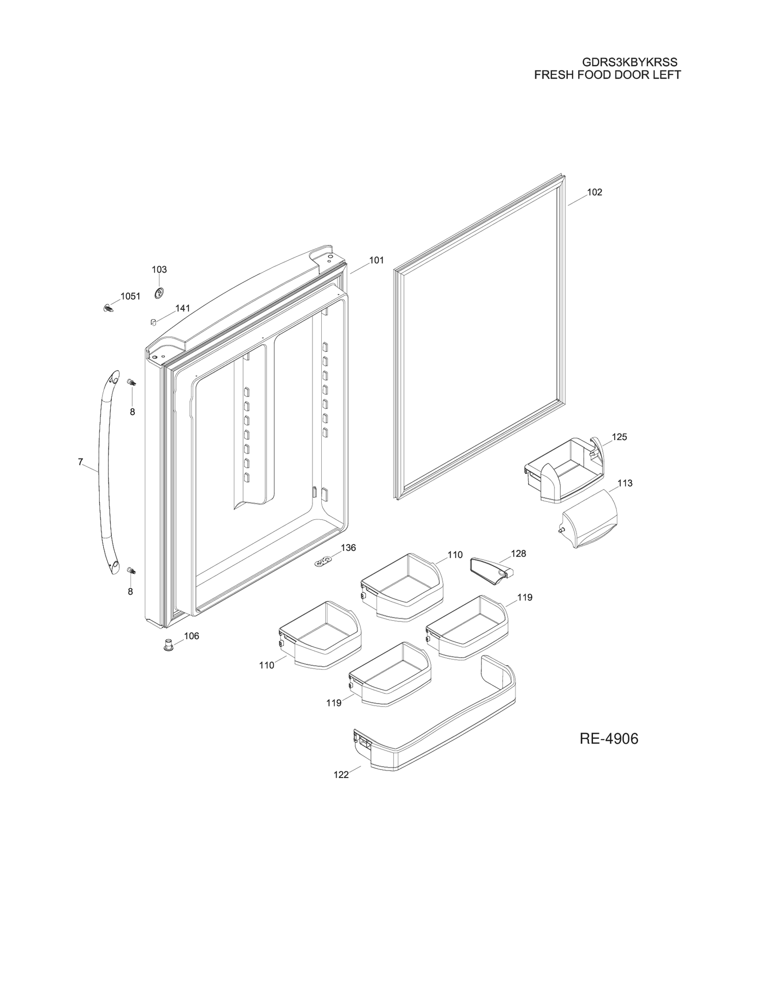 FRESH FOOD DOOR LEFT Diagram and Parts List for GDRS3KBYKRSS  General Electric Refrigerator