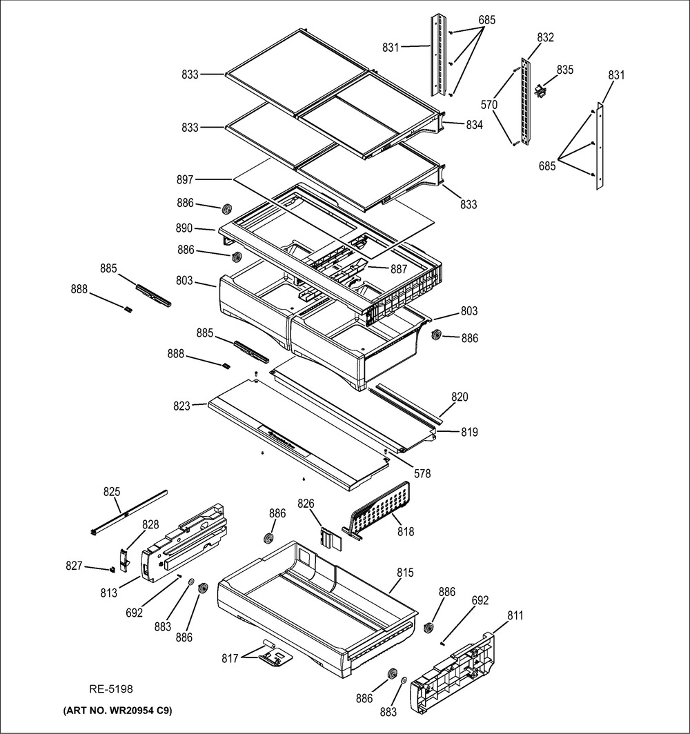 Ff Shelves Diagram and Parts List for PCB980DF3BB  General Electric Range