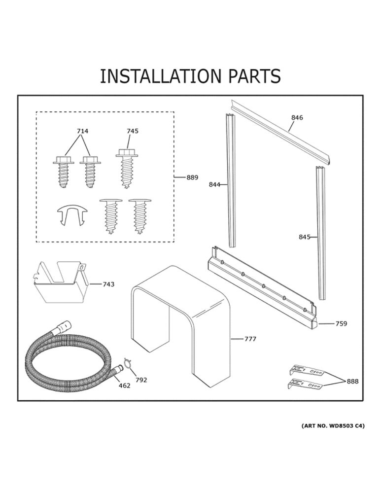 Installation Parts Diagram and Parts List for CDT845P2N1S1  General Electric Dishwasher