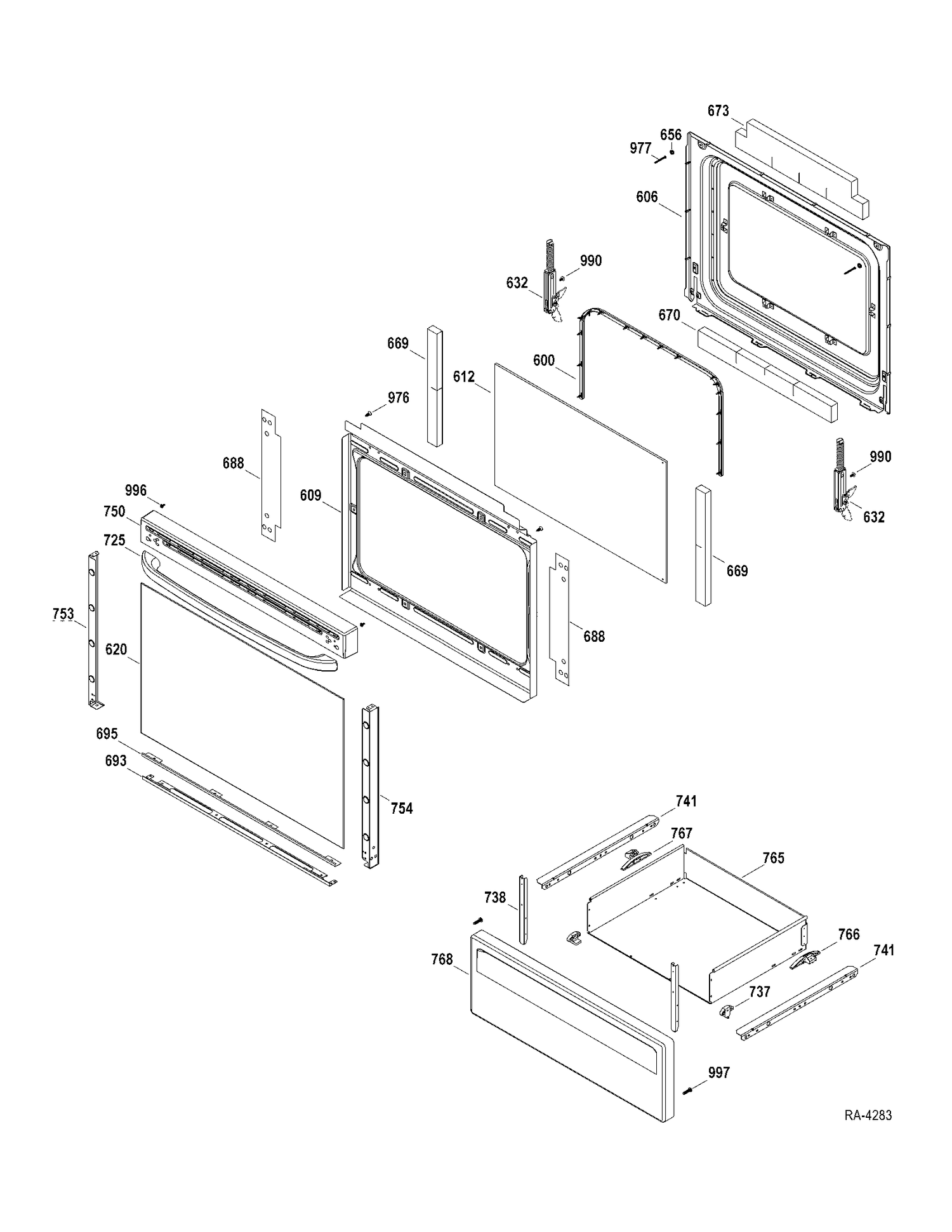 DOOR-DRAWER Diagram and Parts List for JCBS280DT1WW  General Electric Range