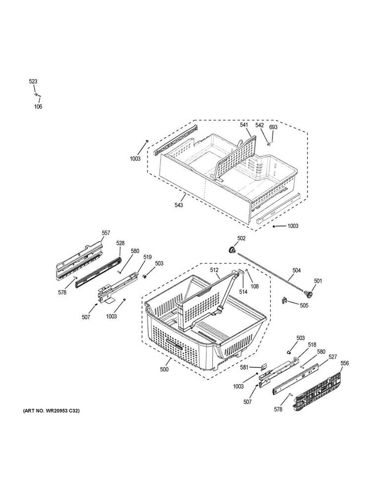 Freezer Shelves Diagram and Parts List for DFE28JSKCSS  General Electric Refrigerator