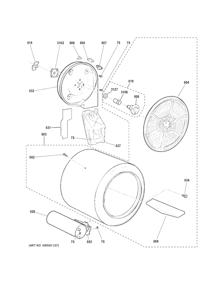 Drum Diagram and Parts List for GTD42GASJ0WW  General Electric Dryer