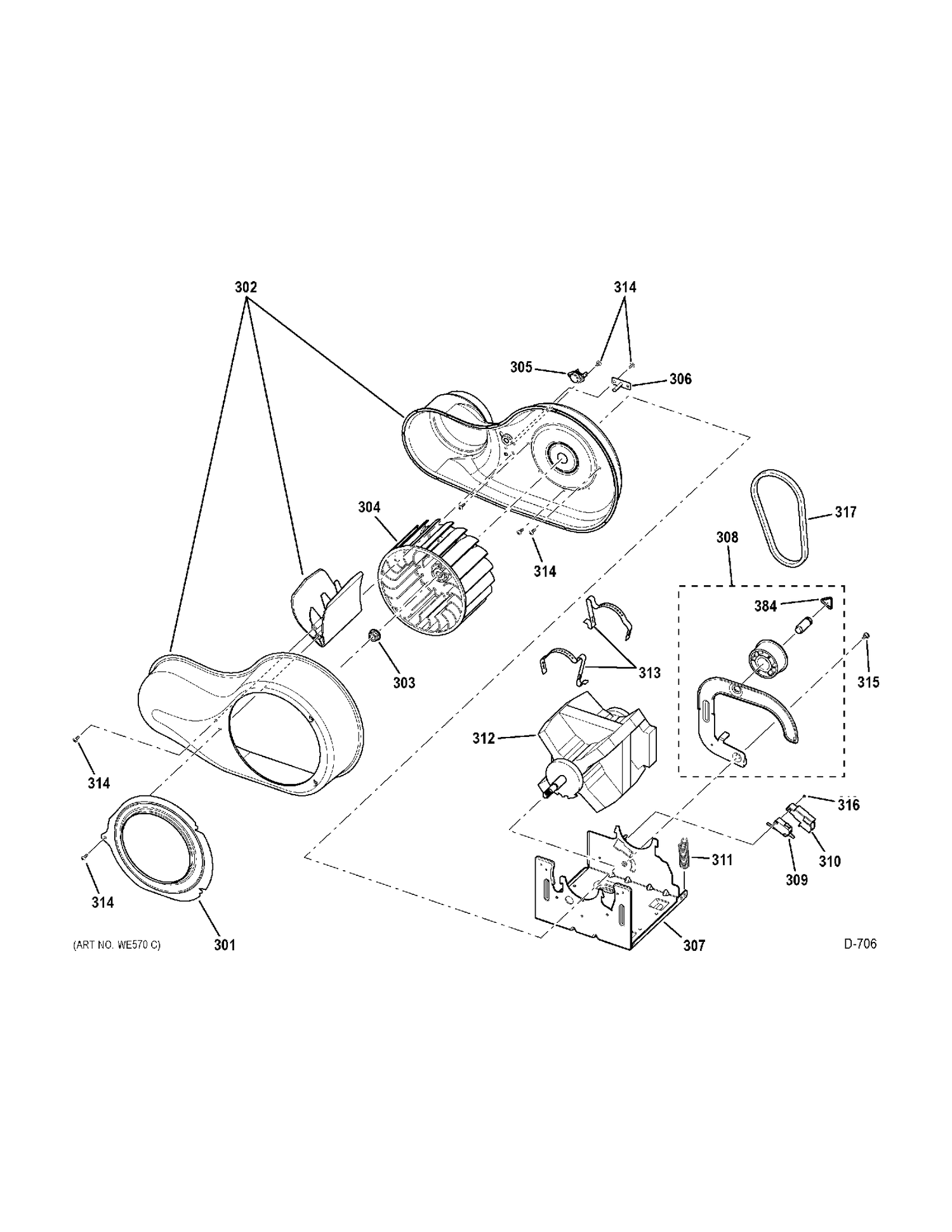MOTOR & BLOWER Diagram and Parts List for PCVH480EK0WW  General Electric Dryer