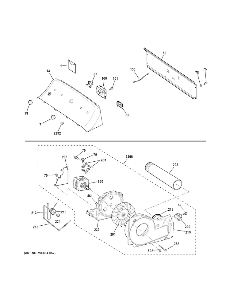 Backsplash, Blower & Motor Assembly Diagram and Parts List for HTX24EASK0WS  Hotpoint Dryer