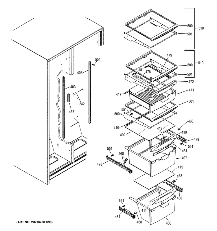 Fresh Food Shelves Diagram and Parts List for GSE22ETHCCC  General Electric Refrigerator