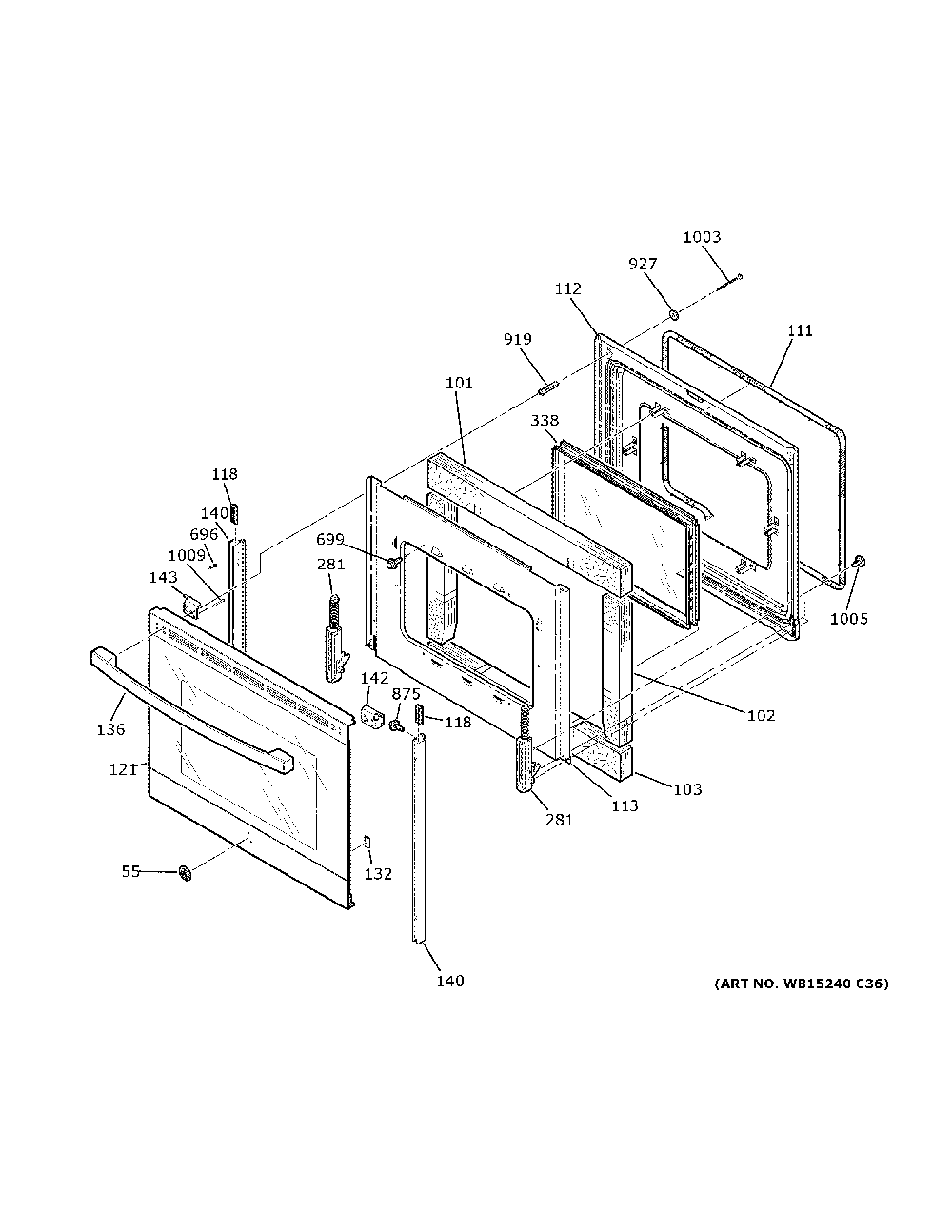 Door Diagram and Parts List for JB625GK6SA  General Electric Range