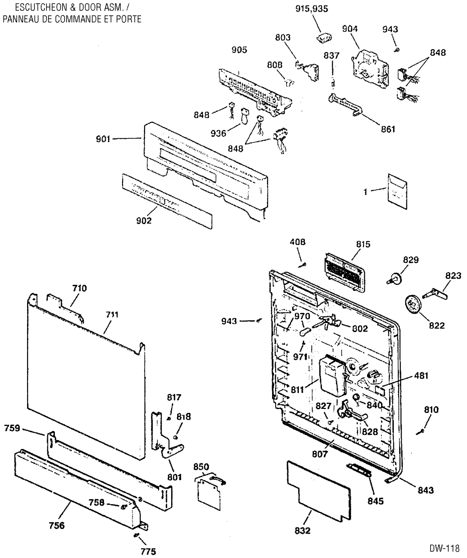 DOOR & ESCUTCHEON PARTS Diagram and Parts List for GSC4138X00BB  General Electric Dishwasher