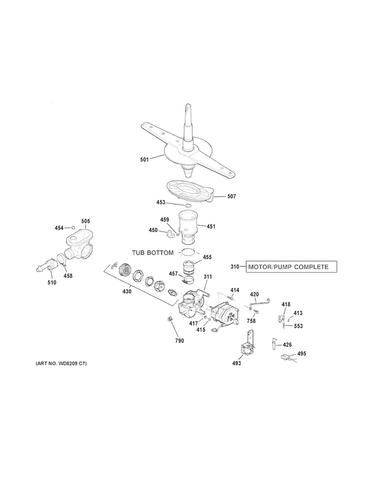 Motor-pump Mechanism Diagram and Parts List for GSC3500D50BB  General Electric Dishwasher