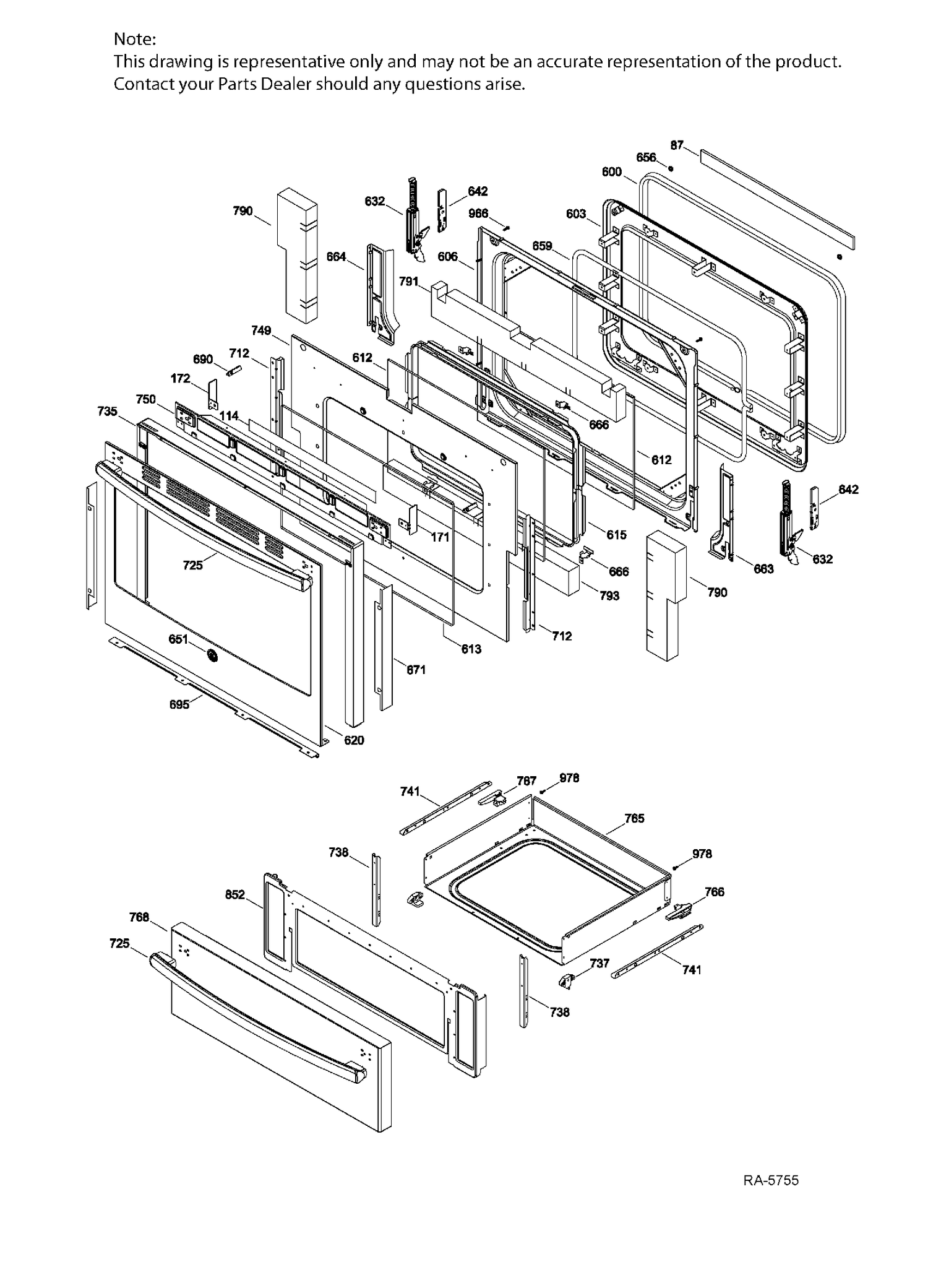 DOOR & DRAWER Diagram and Parts List for JCB840EJ1ES  General Electric Range