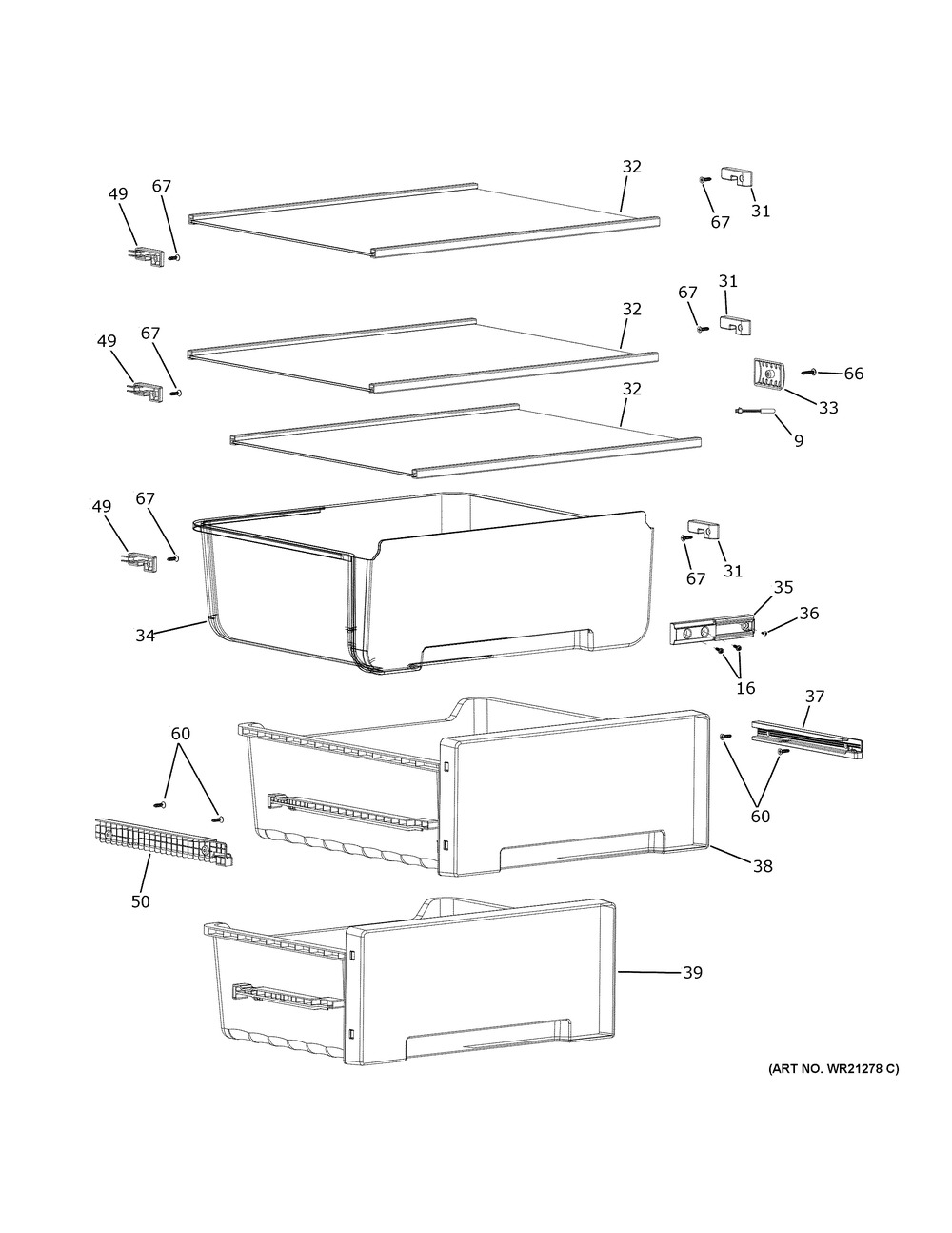 Shelves And Drawers Diagram and Parts List for PBV10R5VBSS  General Electric Refrigerator