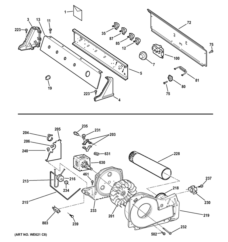 Backsplash, Blower & Motor Assembly Diagram and Parts List for DISR473DGFWW  General Electric Dryer