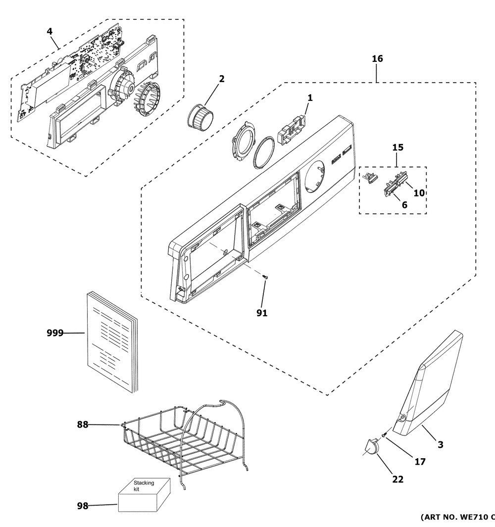 Controls & Backsplash Diagram and Parts List for GFD14ESSN0WW  General Electric Dryer