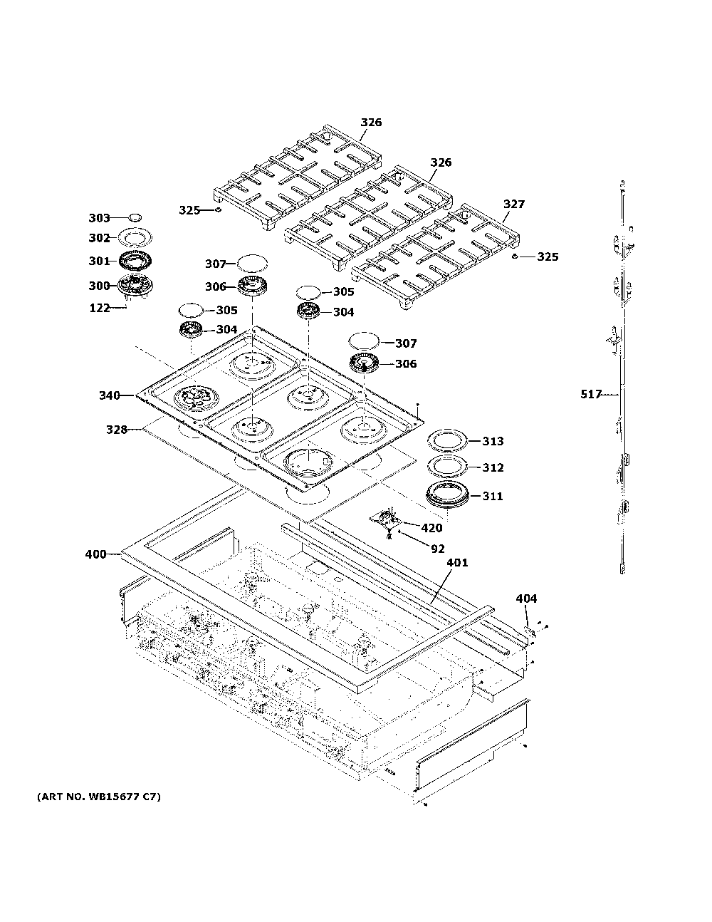Cooktop Diagram and Parts List for CGU486P3T1D1  General Electric Cooktop