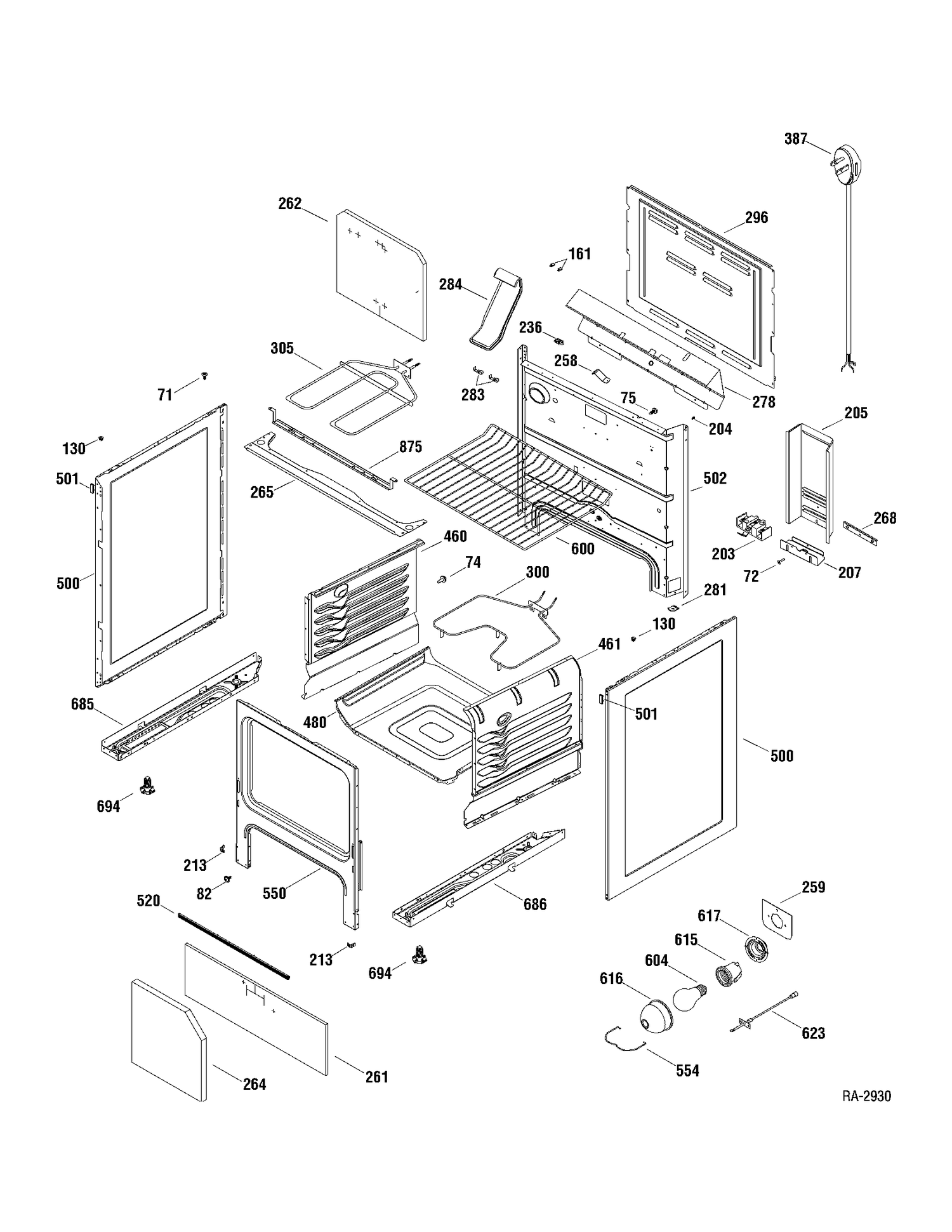 BODY PARTS Diagram and Parts List for RCBS787DN1WW  General Electric Range