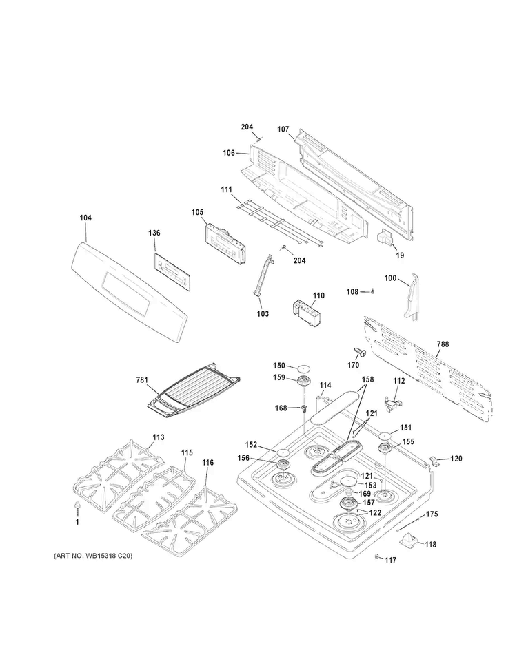 Control Panel & Cooktop Diagram and Parts List for JGB760SEF1SS  General Electric Range