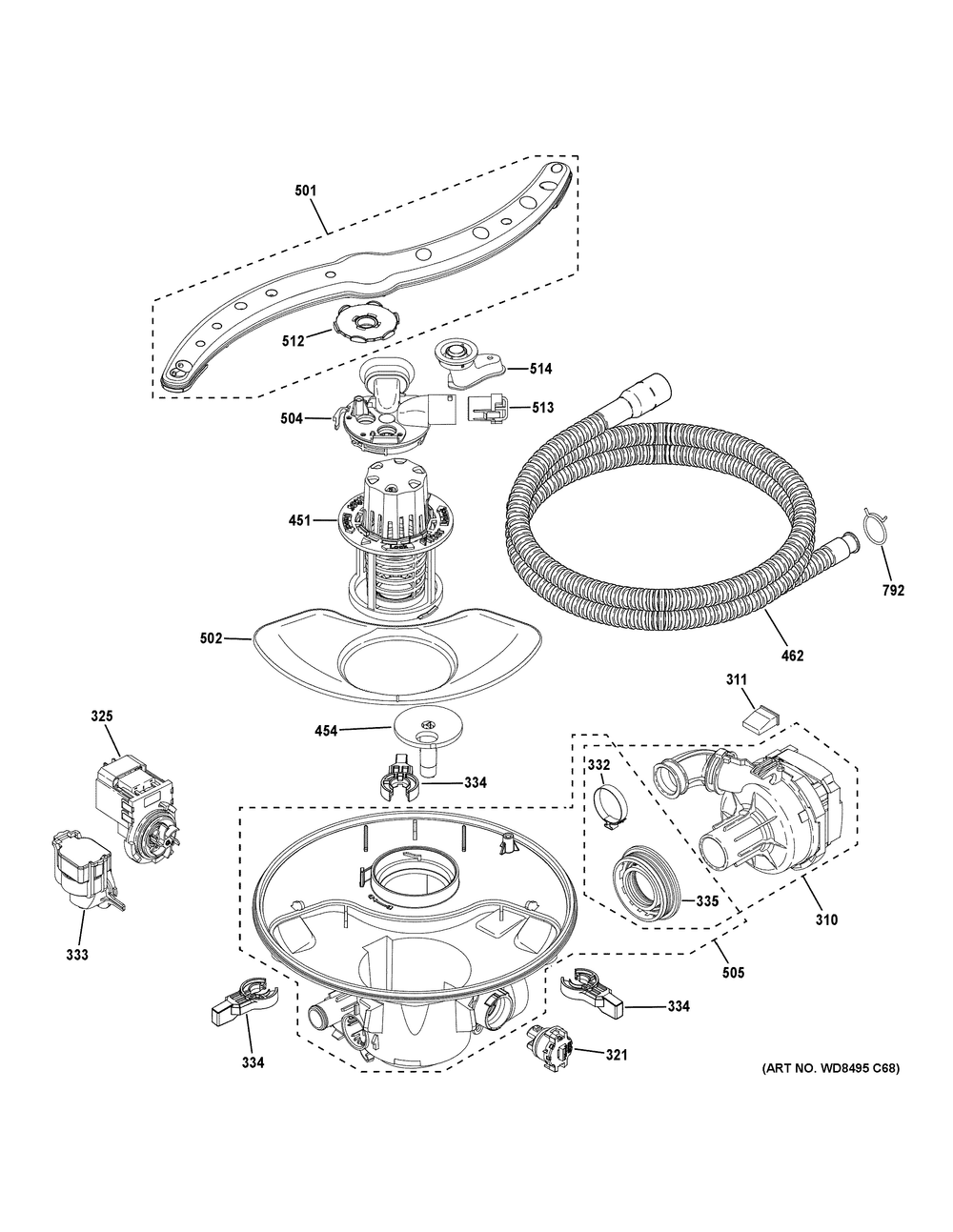 Motor, Sump And Filter Assembly Diagram and Parts List for GDF650SMV1ES  General Electric Dishwasher