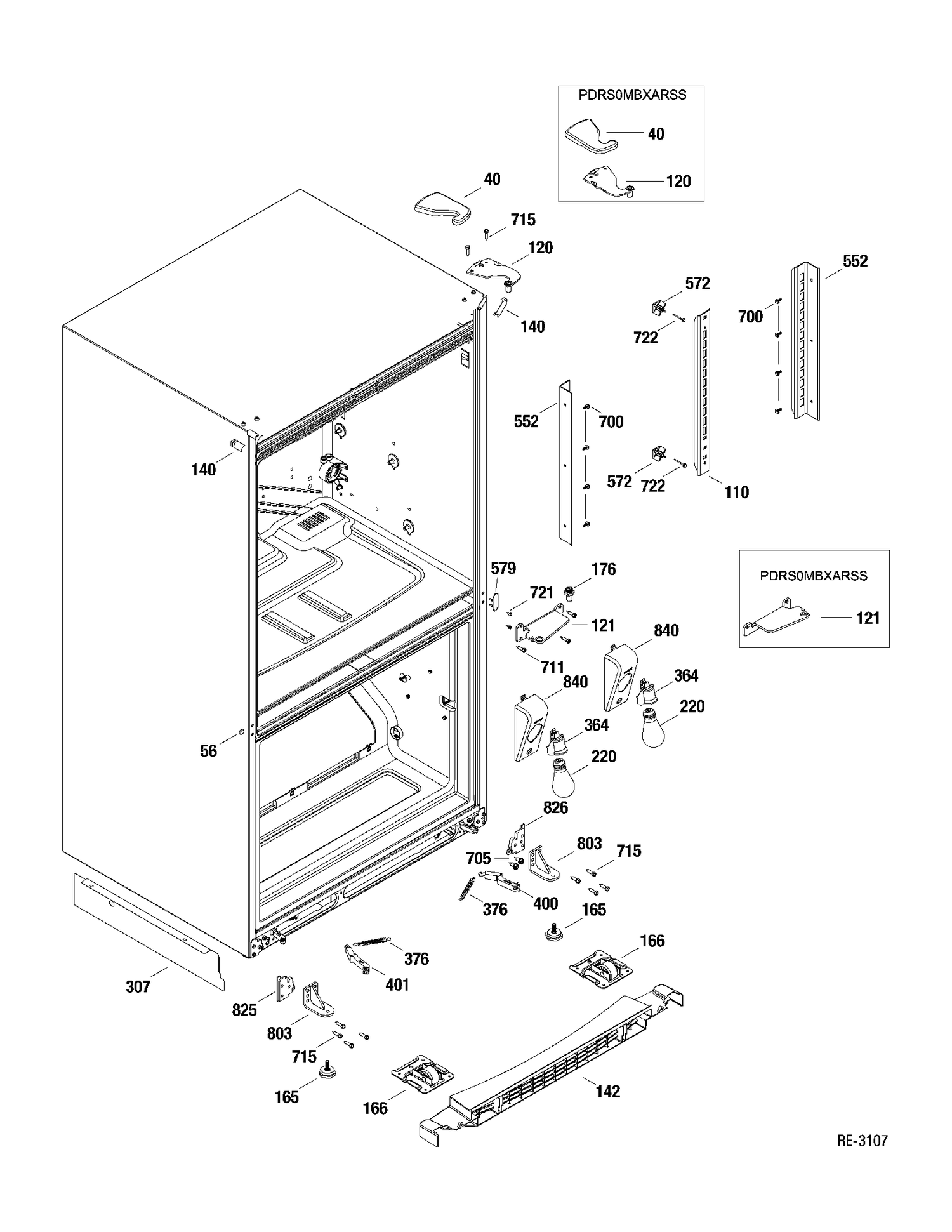 HINGE PARTS Diagram and Parts List for PDRS0MBXALSS  General Electric Refrigerator