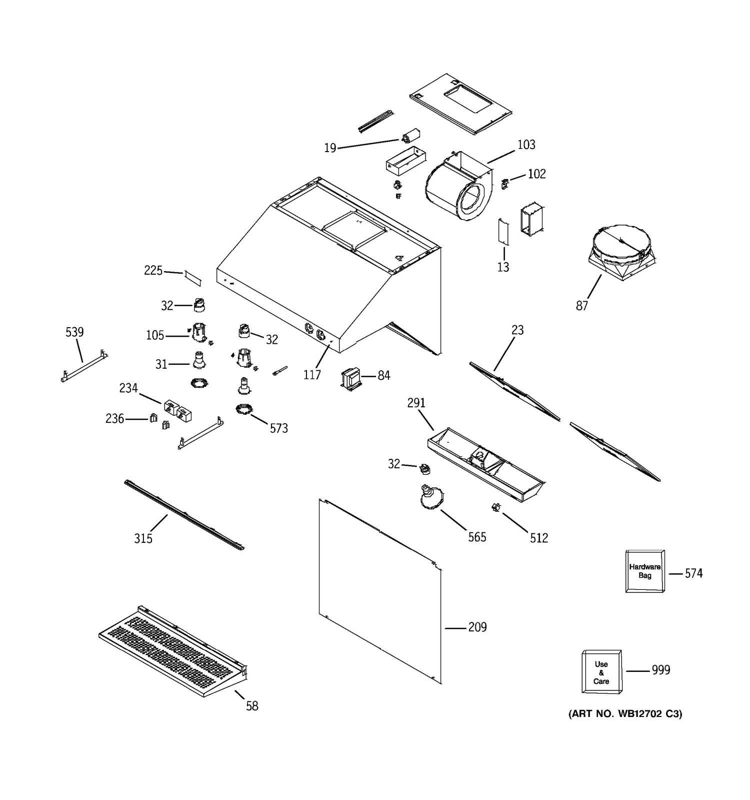 RANGE HOOD Diagram and Parts List for ZV30RSF2SS  General Electric Range Hood