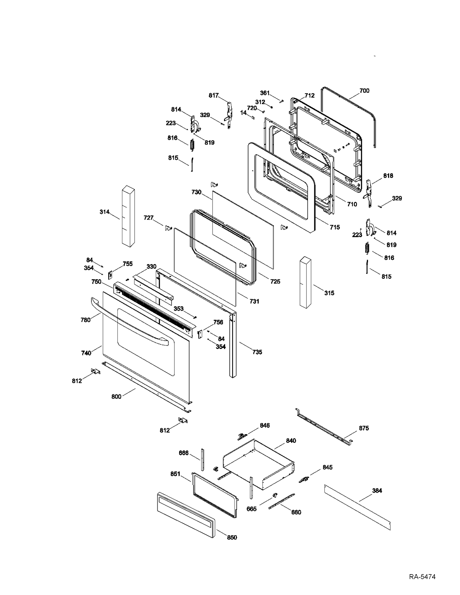 DOOR & DRAWER Diagram and Parts List for JCBP36WK3WW  General Electric Range