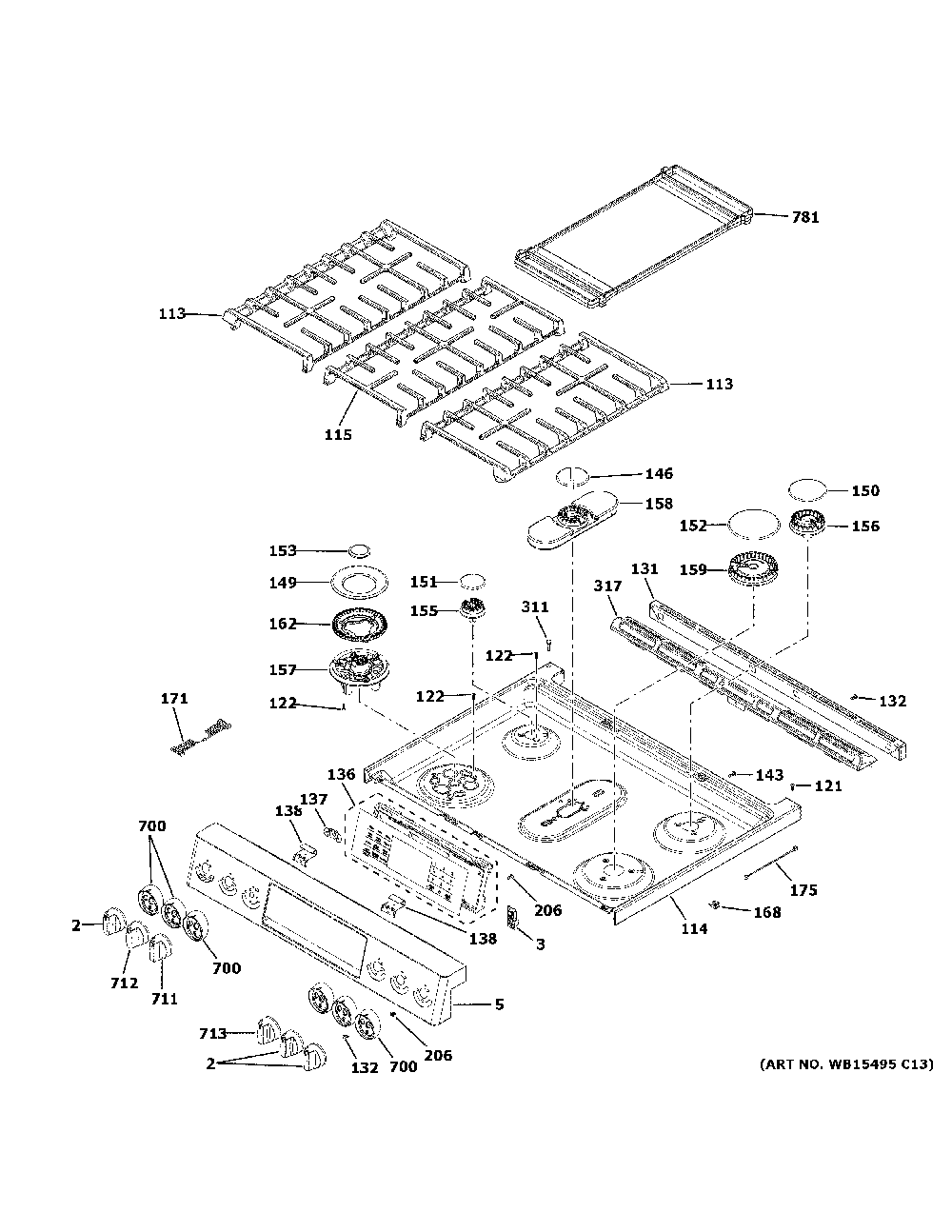 Control panel & cooktop Diagram and Parts List for PGS930YP1FS  General Electric Range