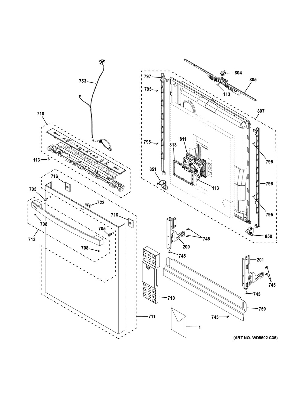 Escutcheon And Door Assembly Diagram and Parts List for PDT715SYV0FS  General Electric Dishwasher