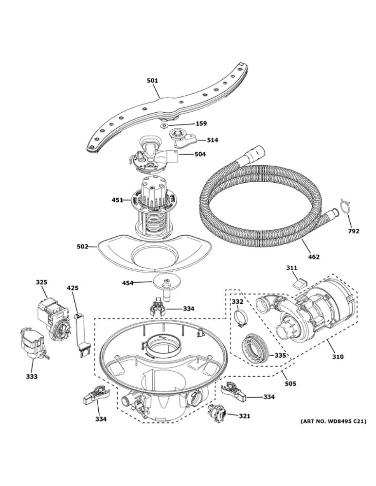 Motor, Sump And Filter Assembly 1 Diagram and Parts List for DDT700SGN2BB  General Electric Dishwasher