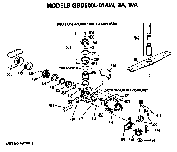 Motor-pump Diagram and Parts List for GSD500L01AW  General Electric Dishwasher
