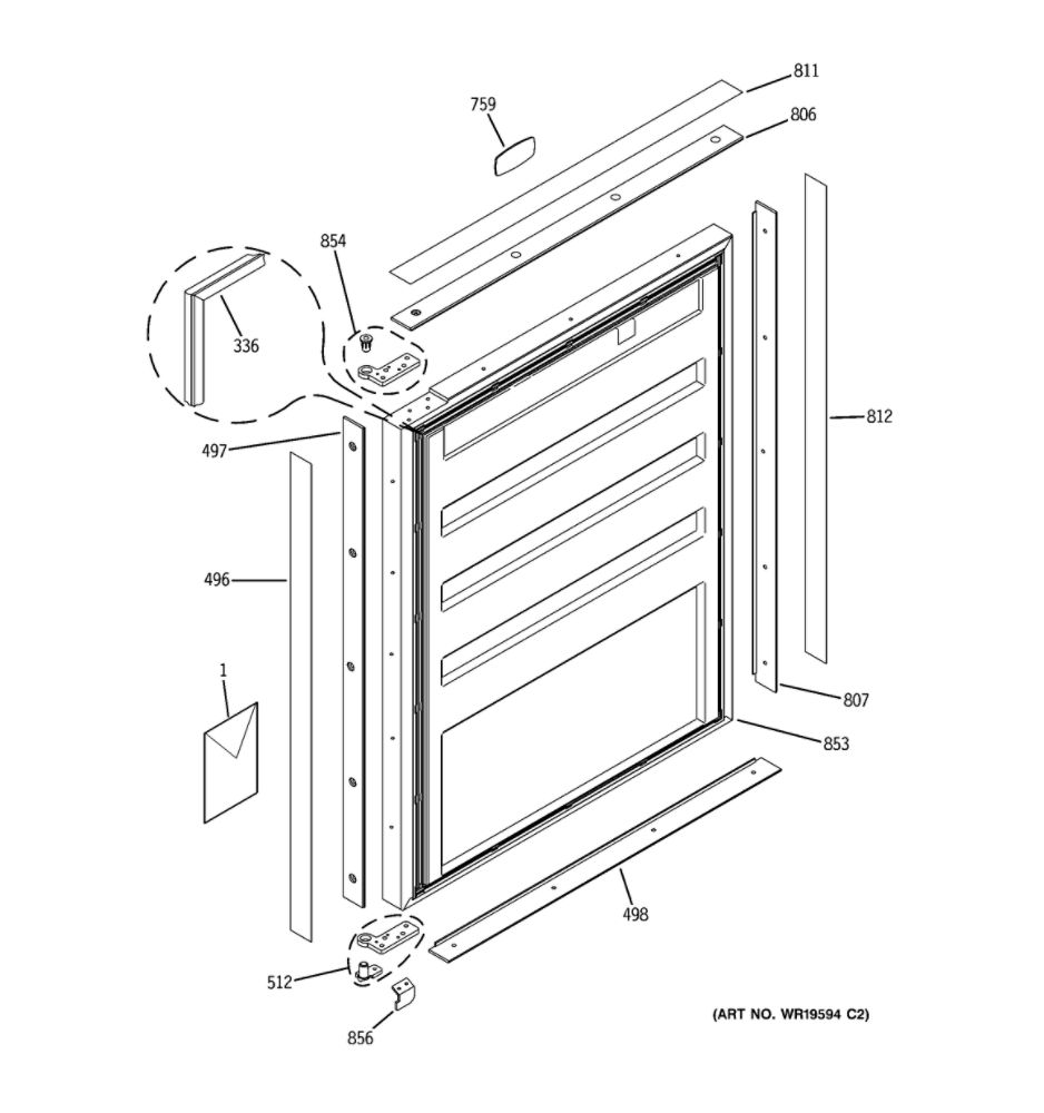 Door 1 Diagram and Parts List for ZIBI240PAII  General Electric Wine and Beverage Cooler