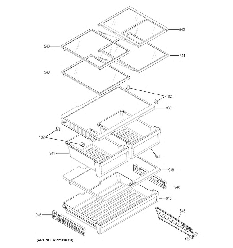 Fresh Food Shelves Diagram and Parts List for CNE25SSKAKSS  General Electric Refrigerator