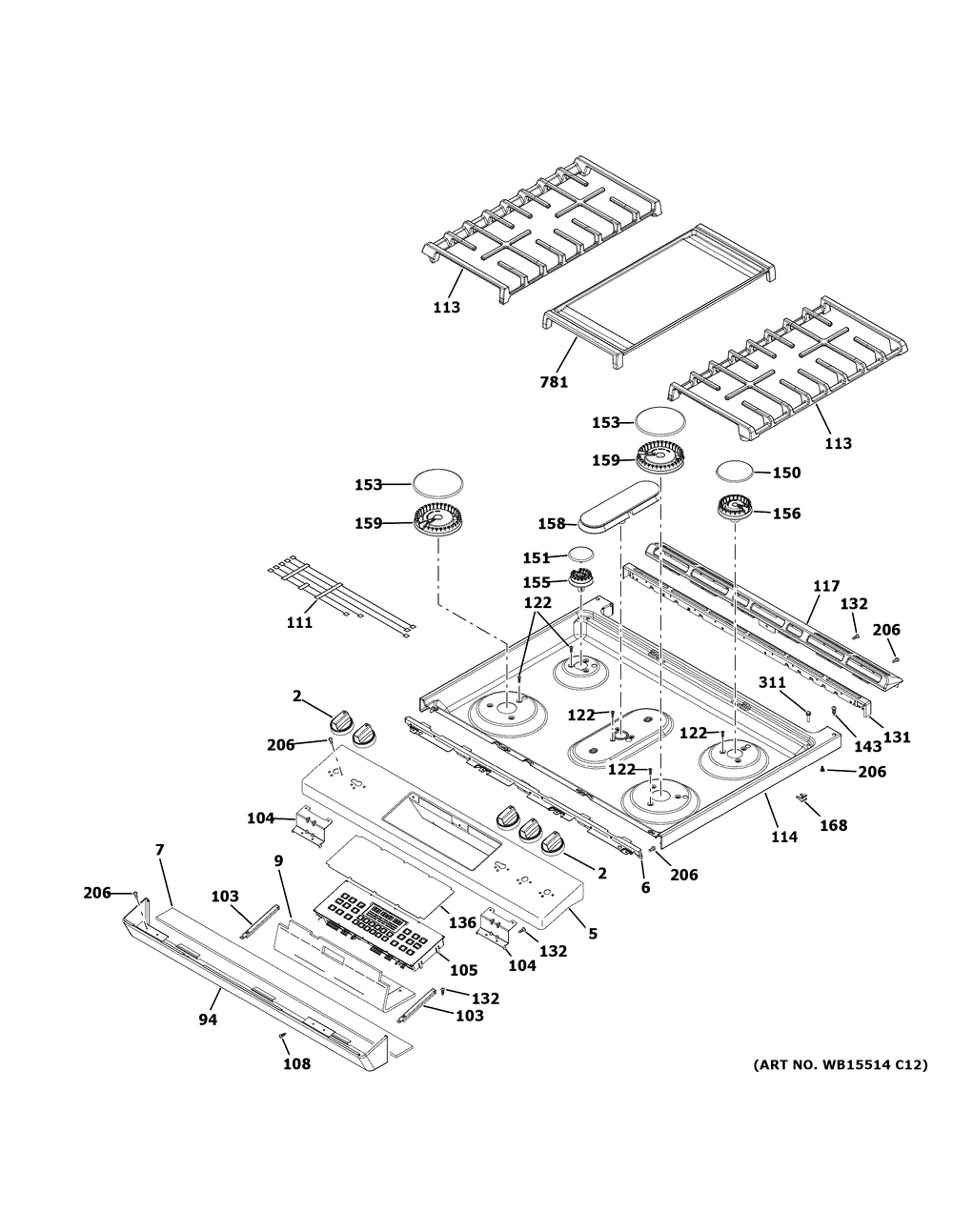 Control Panel And Cooktop Diagram and Parts List for JGSS86SP3SS  General Electric Range